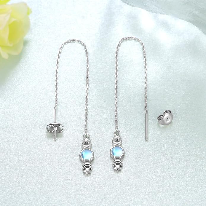 Triple Moon Goddess Earrings 925 Sterling Silver Threader Earrings Drop Dangle Moonstone Earrings with Long Chain Birthday Jewelry Gifts for Women