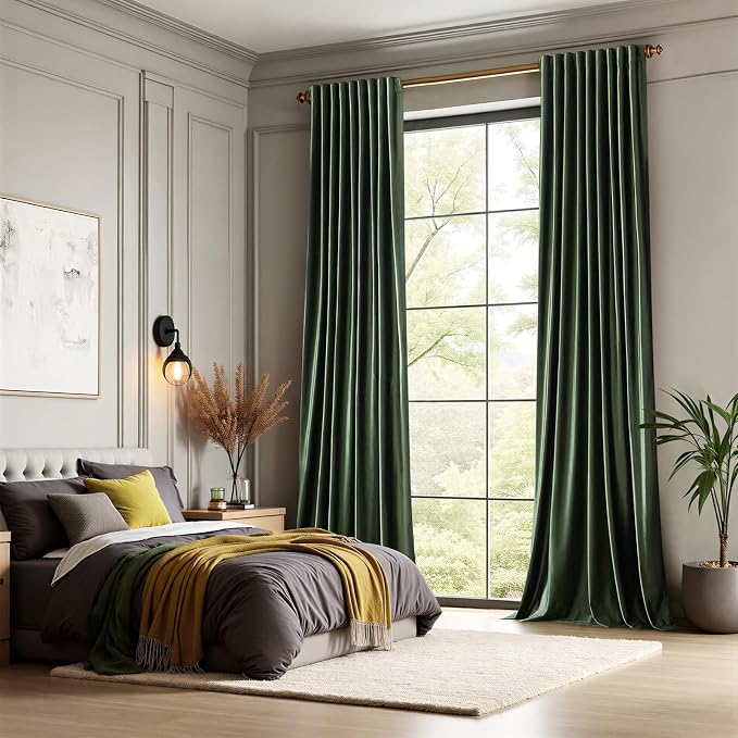 100% Full Blackout Olive Green Velvet Curtains 90 inch Long for Living Room,Set of 2 Liner Rod Pocket Back Tab Thermal Window Curtains Room Darkening Heavy Decorative Curtains Drapes for Bedroom