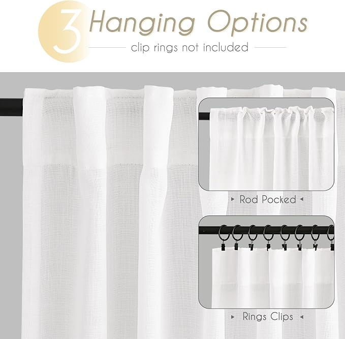 White Linen Curtains 63 inch Length 2 Panel Set for Living Room Back Tab Semi Sheer Light Filtering Bedroom Window Curtain 63 inch Long Cotton Textured Modern Elegant Coastal Drapes 42x63