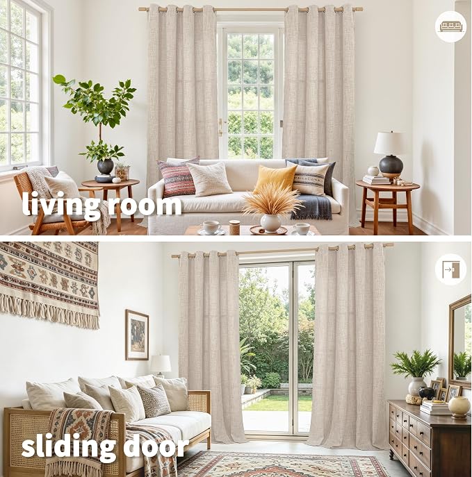 YoungsTex 95 Inches Long Curtains for Living Room, Linen Drapes Grommet | Semi Sheer Window Treatments Floor Length Light Filtering for Sliding Door Bedroom, 2 Panels, 52 X 95 Inch