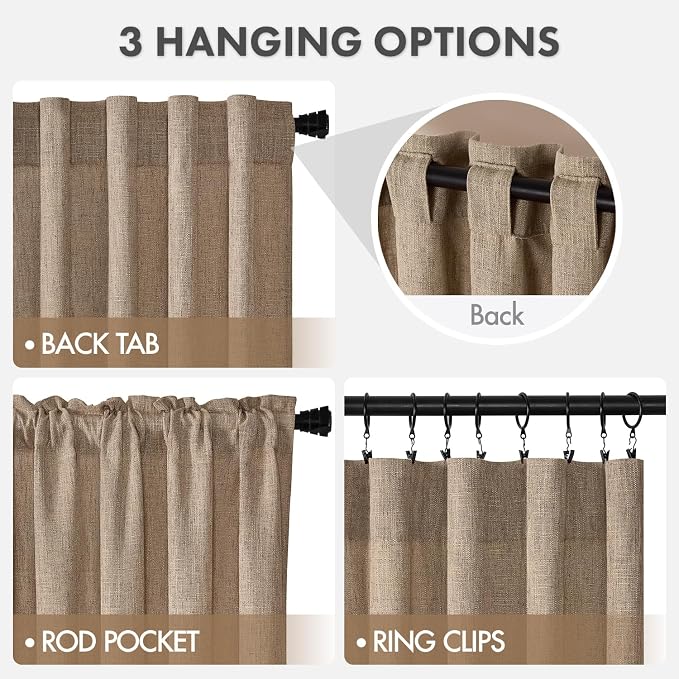 MIULEE Thick Linen Curtains, 42Wx108L, Brown Tan Semi Sheer Linen Textured | Light Filtering Window Privacy Drapes with Back Tab Rod Pocket for Farmhouse/Living Room/Bedroom, Set of 2