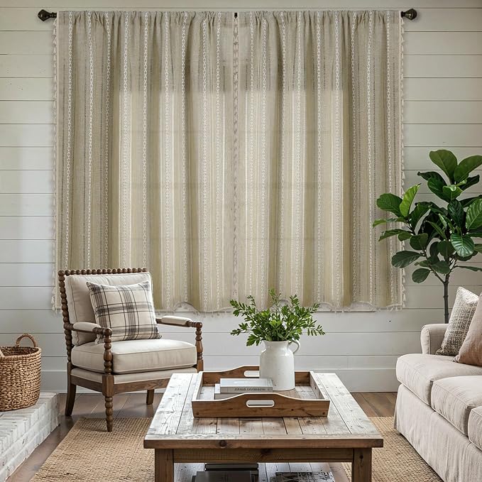 ColorBird Boho Curtains Linen-Textured for Living Room Bedroom Natural Brown 63 Inch Length Farmhouse Light Filtering Neutral Embroidered Striped Linen Drapes 2 Panels Window Treatment