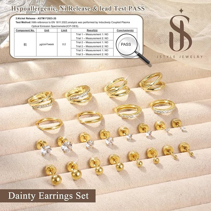 Jstyle Hypoallergenic 14K Gold Plated Stud Hoop Earrings for Women Men Surgical Stainless Steel Flat Back Earrings Small Huggie Hoops Cartilage Earring Set for Multiple Piercing Jewelry Gift for Women