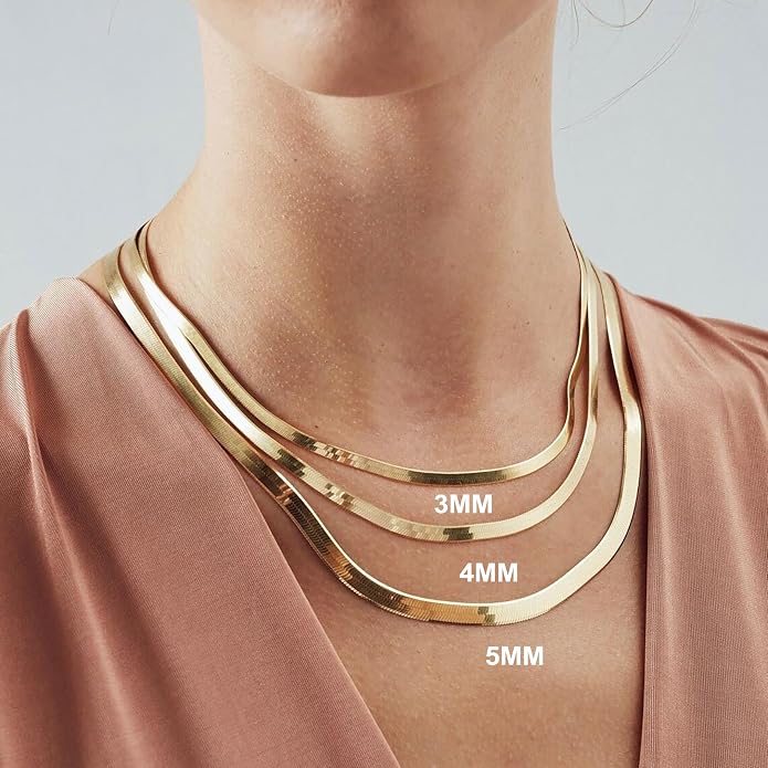 WomenGifts 14K Gold Silver Plated Herringbone Necklace for Women, Dainty Snake Chain Choker, Trendy Simple Long Layered Jewelry Non Tarnish, 3/4/5/8mm,14,16,18,20,22,24,26 Inch Thin & Chunky Options