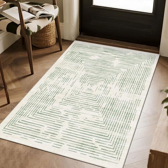 BLISSA 3x5 Washable Area Rug - Modern Entry Rug Non-Slip Ultra-Thin Soft Sage Green Lines Borderd Abstract Striped Bedside Throw Rug for Entryway Kitchen Bedroom Bathroom Dorm Nursery Home Decor
