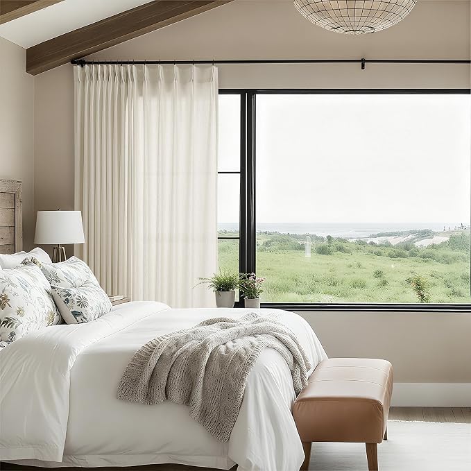 Extra Wide Pinch Pleated Linen Curtains 102 Inch Length 100 Wide | Light Filtering Semi Sheer, Window Drape, Hooks Rings, Back Tab, for Living Room Patio Glass Sliding Door, 102 Inches Long