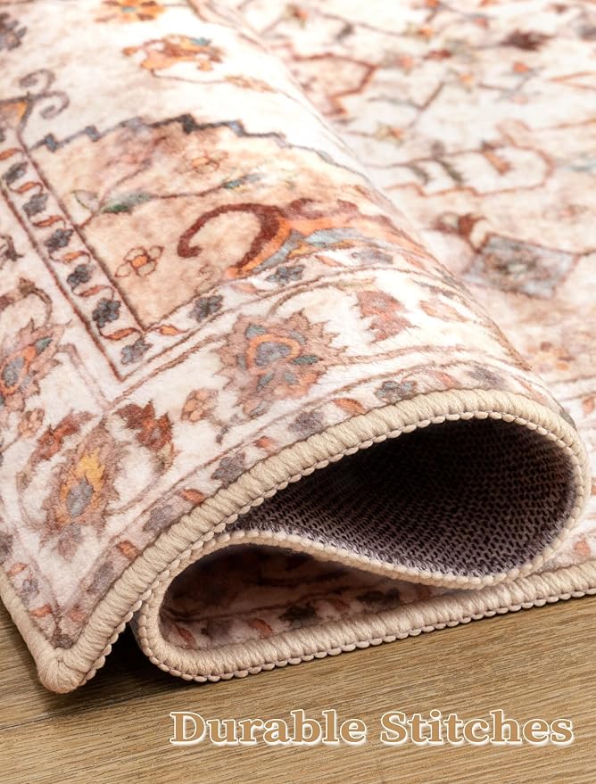 SERISSA Boho Washable Runner Rug, 2'6"x10' Long Non-Slip Vintage Peach Cream Hallway Kitchen Stair Runner Rug Ultra Soft Print Distressed Floor Carpet for Bedroom Bathroom Laundry Room