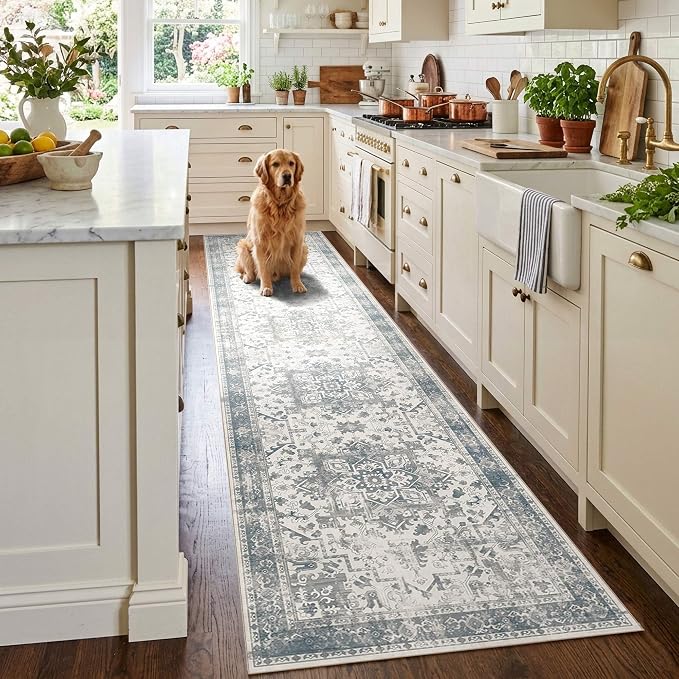 Rugxara 2x10 Washable Runner Rug, Non Slip Boho Runner Rugs for Hallway, Kitchen, Entrance, Bathroom, Laundry Room, Soft Ultra-Thin Entryway Carpet, Throw Low Pile Retro Imitation Carpet, Blue Grey