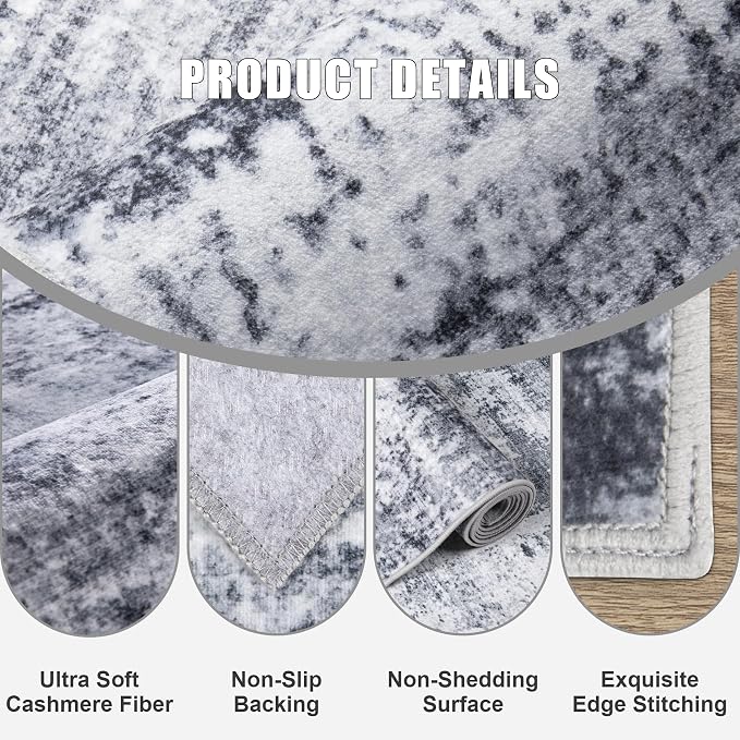 Round Area Rug for Living Room: 8 ft Washable Modern Abstract Soft Thin Rug Indoor Floor No Slip Stain Resistant Carpet for Bedroom Dining Room Farmhouse Nursery Home Office - Grey