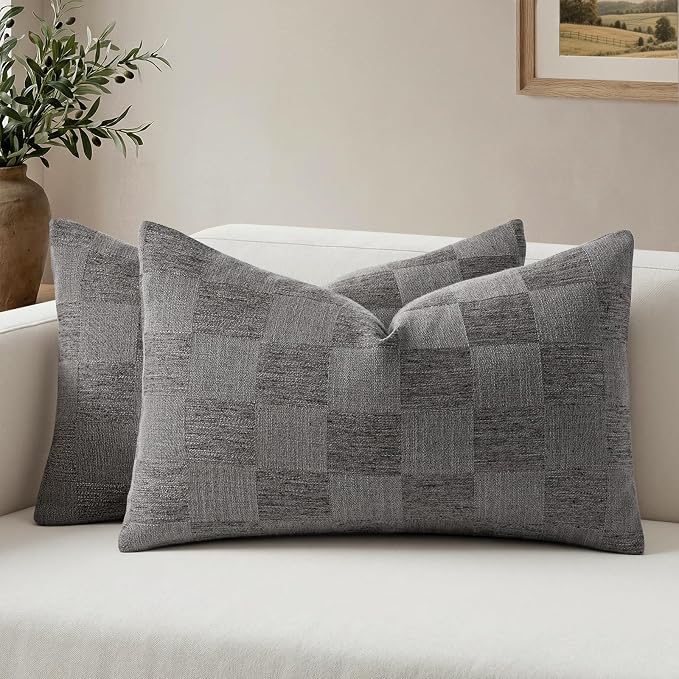 a moment Set of 2 Decorative Linen Throw Pillow Covers,Large Grid Textured Neutral Boho Farmhouse Cushion Covers,Soft Aesthetic Pillowcases for Couch Sofa Living Room Home Decor,20x12 Inch,Dark Gray