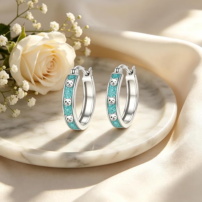 Opal/Turquoise Huggie Earrings 925 Sterling Silver Opal/Turquoise Small Animal Huggie Hoop Earrings Animal Huggies Earring Jewelry Gifts for Women Mom Her
