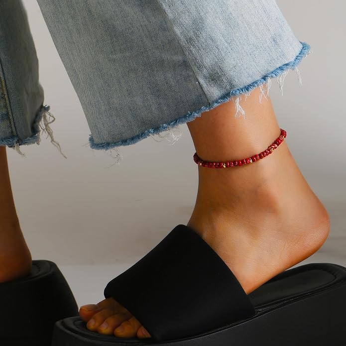 Natural Stone Beaded Anklets Bracelets for Women Handmade Beaded Anklet Bracelet Waterproof Boho Beads Ankle Bracelet Adjustable Summer Jewelry