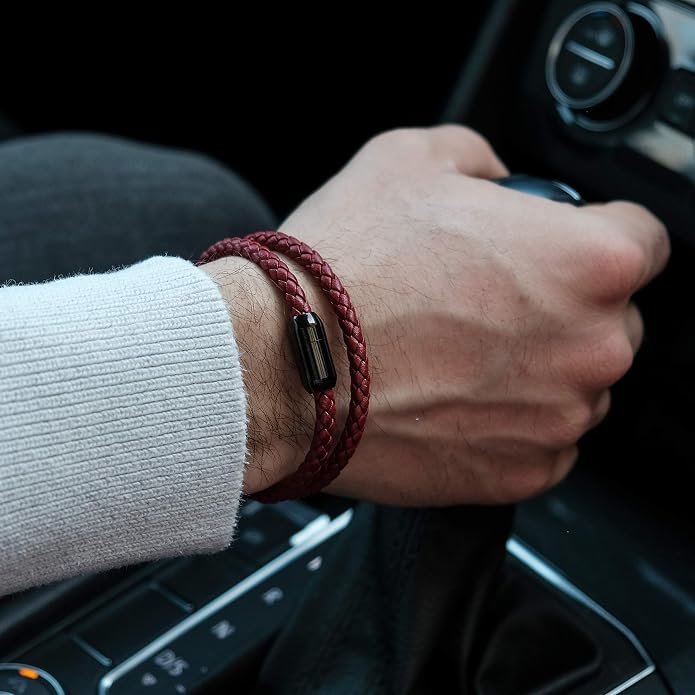 globi Leather Bracelet For Men | Genuine Wrap Braided Leather Cuff Bangle Bracelet with Magnetic Stainless Steel Clasp For Men/Women