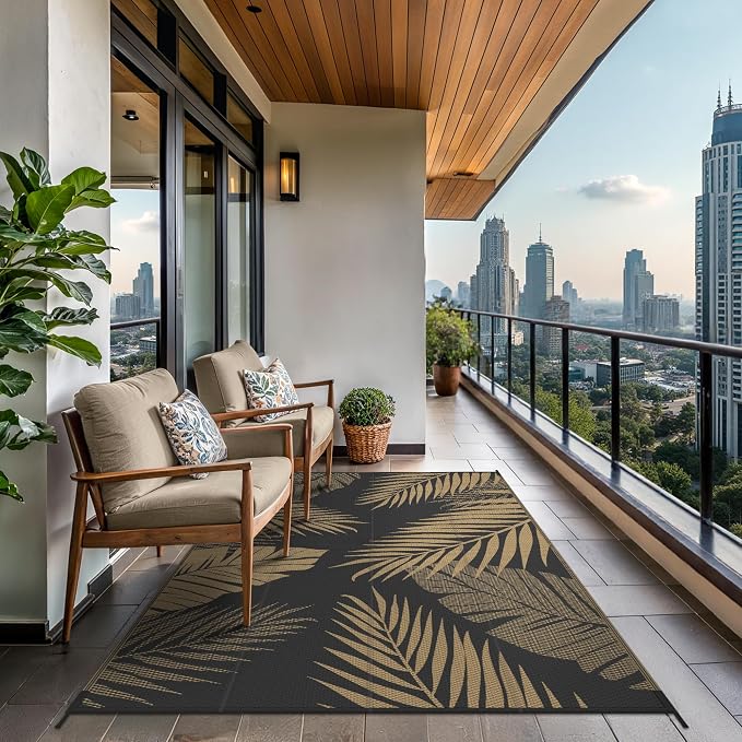 GENIMO Outdoor Rug, Waterproof Plastic Rugs for Patio, 5'x8' Black Brown | Outside Larger Leaf Carpet Mat for Porch Decor, Deck, Balcony, Camping, RV, Backyard, Picnic, Beach, Reversible, Foldable