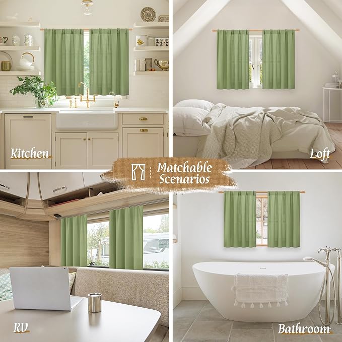 LAMIT Sage Green Linen Curtains for Small Windows, 45 Inches Long Light Filtering Panels Rod Pocket Neutral Privacy Drapes for Kitchen/Window/Bedroom, 2 Panels, 42 x 45 Inch