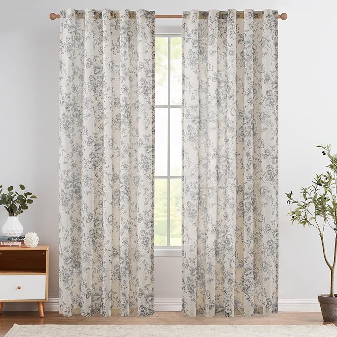 jinchan Grey Floral Linen Curtains 90 Inch Vintage Back Tab 2 Panels | Light filtering drapes, semi sheer, farmhouse, cottagecore, rustic, living room, bedroom, rod pocket, window treatment
