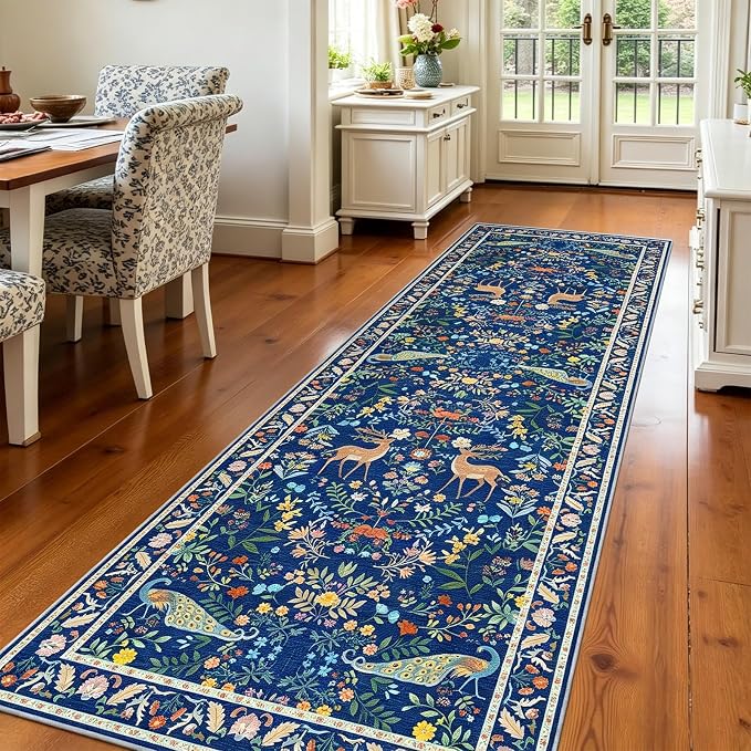 2x6 Blue Entryway Runner Rugs Washable Non Slip Runners for Hallway, Kitchen, Mudroom, Laundry Room, Stain Resistant Ultra Soft Non Skid, Nature Floral Design Indoor Decor