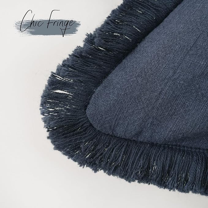 Foindtower Set of 2 Decorative Linen Fringe Throw Pillow Covers Cozy Boho Farmhouse Cushion Cover with Tassels Soft Accent Pillowcase for Couch Sofa Bed Living Room Home Decor, 22×22 Inch, Navy Blue