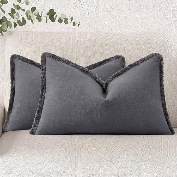 decorUhome Linen Fringe Dark Grey Throw Pillow Covers 12x20 Set of 2 | Decorative Soft Accent Modern Boho Farmhouse Lumbar Cushion Covers with Tassels Cotton Pillow Covers for Couch Bed Sofa