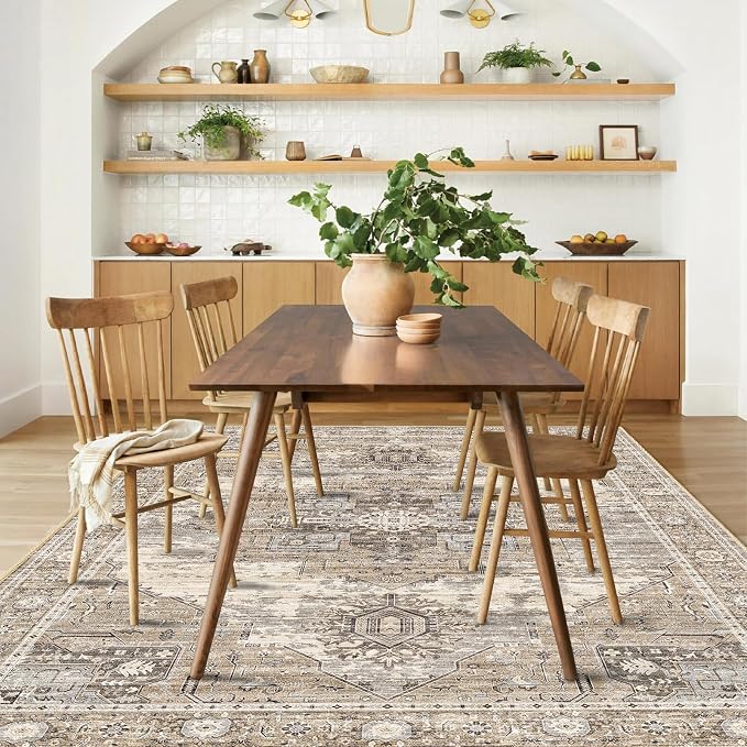 Washable 4x6 Area Rugs - Living Room Area Rug Stain Resistant Carpet Vintage Lightweight Ultra-Thin Rugs for Bedroom Kitchen entryway with Non Slip Backing Home Decor Small Mat 4X6 Beige