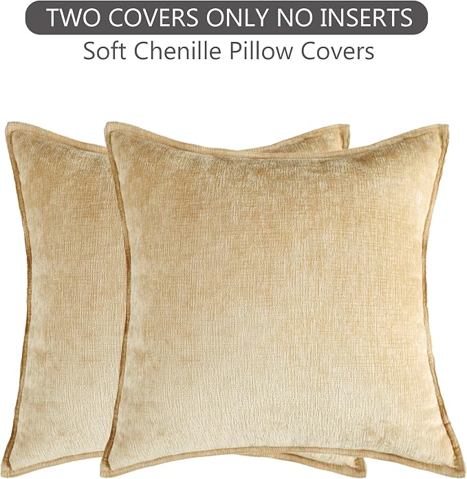 Stellhome Pack of 2 Soft Textured Throw Decorative Pillow Covers Square Accent Solid Chenille Cushion Cover Cozy Farmhouse Pillow Case for Couch Sofa Bedroom Living Room 26x26 Inch, Yellow