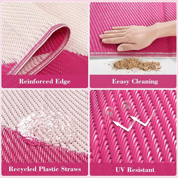 Lahome Plastic Hot Pink Outdoor Rug, Reversible Coral Sea Funky Outdoor Camping Rug, Portable Rv Rugs for Outside Beach Pool Camper Picnic Paio, Pink 8'x10'