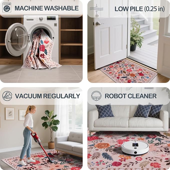 2x3 Area Rugs for Entryway, Non-Slip Low Pile Boho Small Carpet, Machine Washable Floral Throw Rug for Entrance, Bedroom, Kitchen, Laundry, Bathroom (2x3 Beige Red)
