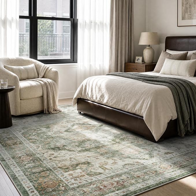 AMOAMI-Area Rug 5X7 Rugs for Living Room-Vintage Soft Green Rugs for Bedroom-Non Slip Carpet-Machine Washable Rug for Dining Room Living Room Bedroom Office Under Table