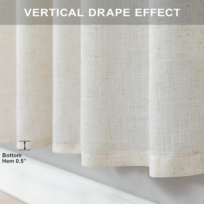 Pitalk Natural Linen Curtains 38 Inch Wide for Door 2 Panel Rod Pocket Back Tab Semi Sheer Neutral Cream Curtains for Small Windows Bathroom Laundry Room Narrow Skinny Drapes Off White 38x63 Length