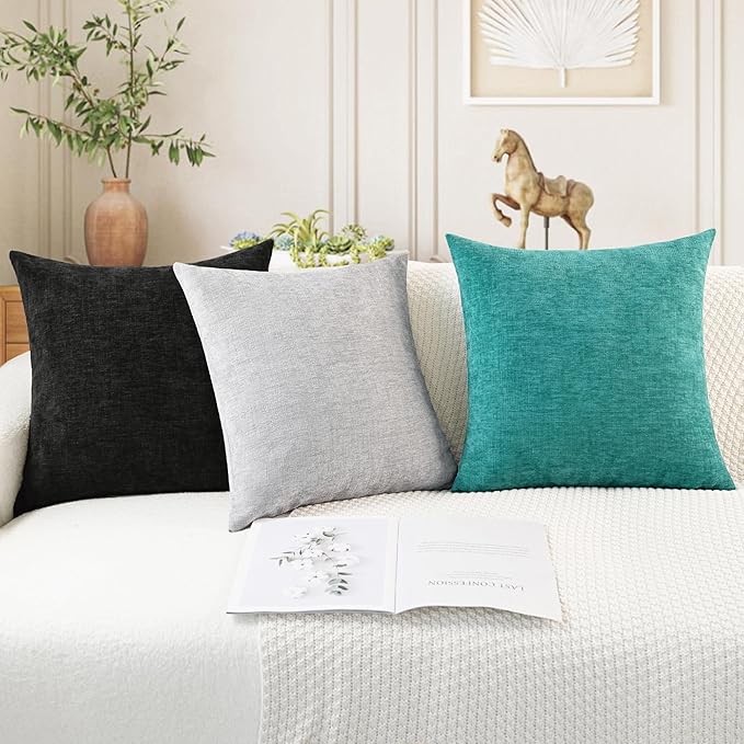 CaliTime Throw Pillow Covers Decorative 16 X 16 Inches Pack of 2 Cozy Chenille Cushion Cases for Couch Sofa Bed Living Room Home Black