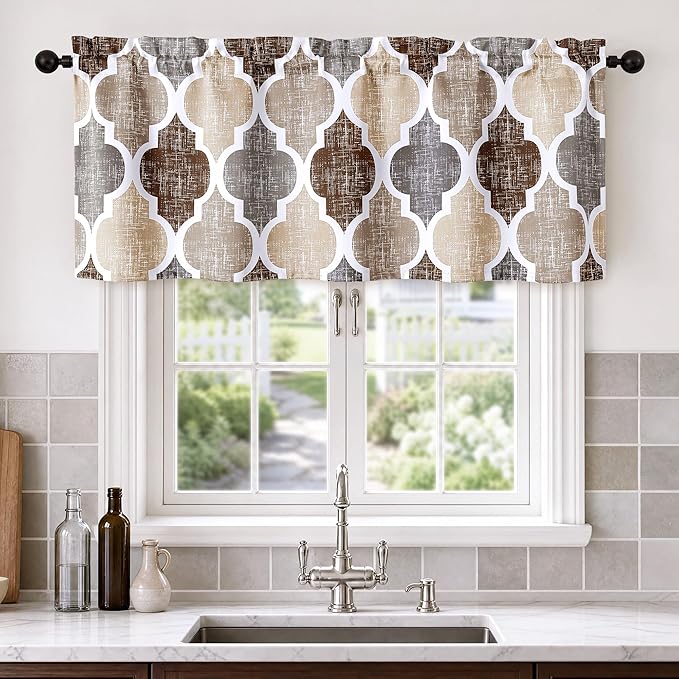 Beauoop Moroccan Valance Curtains for Kitchen Cafe Brown Grey 52x18 1 Panel | Geometric Blackout Short Curtains for Living Room Bedroom 18 Inch Length Thermal Quatrefoil Small Window Curtains Rod Pocket