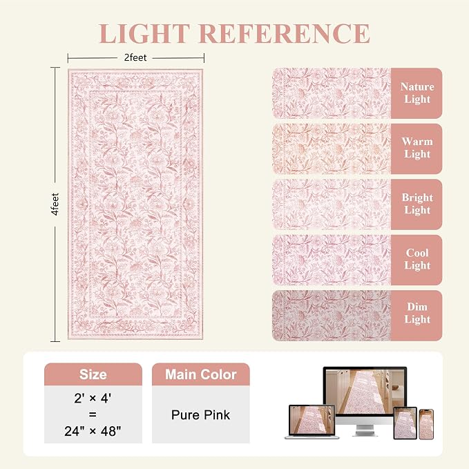 DUKINO 2x4 Rug, Washable Vintage Floral Entryway Rug Non Slip, Light Pink | Low Pile, Non-Shedding, Stain Resistant Boho Lightweight Soft Indoor Carpet for Kitchen Bathroom Hallway Laundry Farmhouse