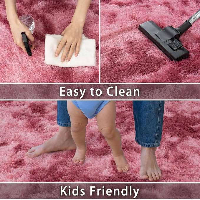 Dssimo 8x10 Area Rugs for Living Room, Pink Tie-Dyed Plush Fluffy Carpet | Upgrade Non-Slip Thick Large Rose Shag Rugs for Nursery Kids Room Dorm Room Home Decor, Indoor Plush Floor Carpet