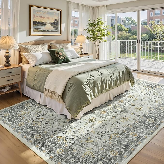 Taupe Vintage 9x12 Living Room Rug - Vintage Oriental Revival Low-Pile Carpet for Bedroom, Dining Table, Machine Washable Soft Non-Slip Large Area Rug Distressed Farmhouse Décor Light Grey