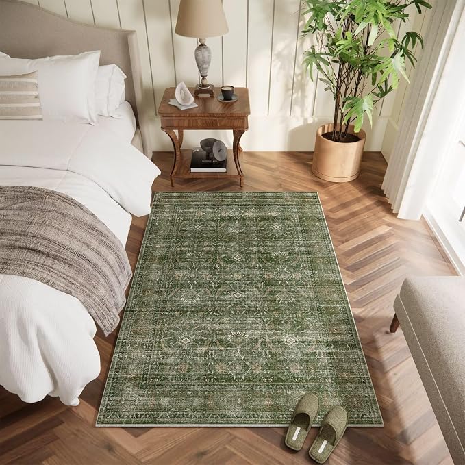Washable 2x3 Entryway Rug, Boho Vintage Non-Slip Door Mat, Grass Green | 0.3" Neutral Throw Small Rugs for Bedroom Kitchen Nursery Entrance, Cushioned for High-traffic Area