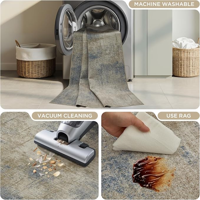 Joydeco 2x6 Runner Rug Modern Abstract Machine Washable Rug – Low Pile Faux Wool with Non-Slip Backing, Neutral Print Stain Resistant Carpet Runner for Hallway, Kitchen, Entryway, Laundry and Bedroom