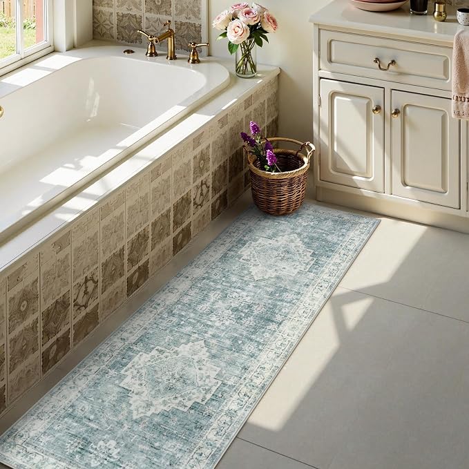 LIVEBOX Washable 2x6 Runner Rug for Bathroom, Non Slip Kitchen Mats for Floor Entryway, Boho Indoor Front Door Mat Low-Pile Runners for Hallways, Farmhouse Rugs for Bath Laundry, Blue