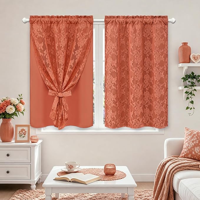 Yinhua Terracotta Kitchen Curtains 36 Inch Length Double Layer Curtain Farmhouse Blackout Curtains for Kitchen Rod Pocket Short Curtain for Windows, Bathroom, Living Room, 2 Panels