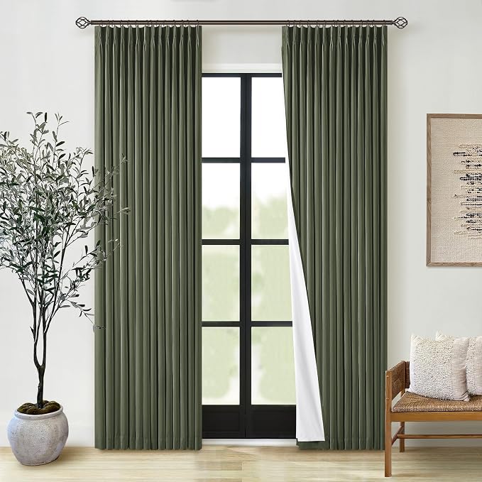 TWODRAPES Olive Green Pleated 100% Blackout Linen Curtains 84 Inch Length | Room Darkening with Liner, Memory Shape Pleat with Back Tab, Thermal Insulated, Dark Green, for Living Dining Room Bedroom