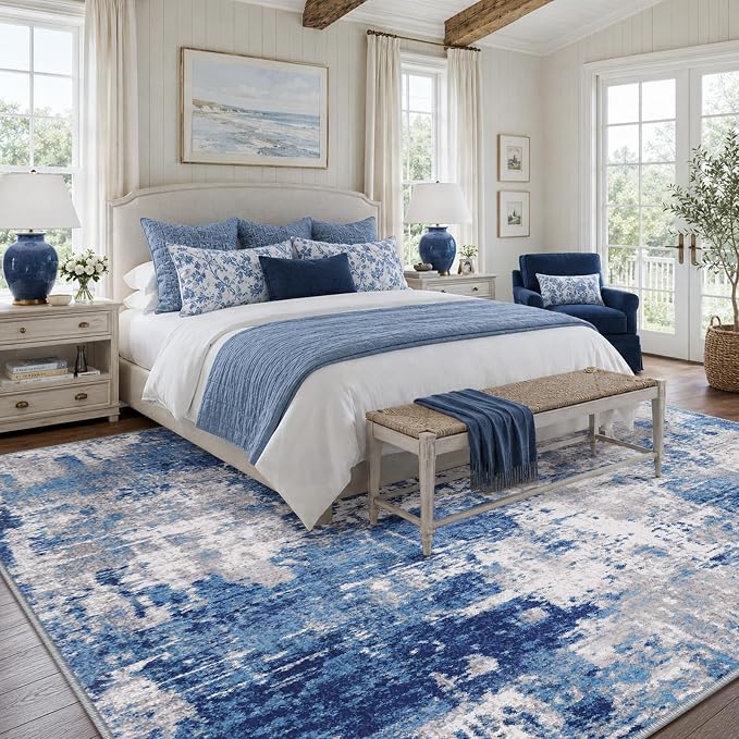 RELEANY Washable Area Rugs 6'x9' Non-Slip Modern Abstract Soft for Living Room Entryway Bedroom Kitchen, Print Pattern, Blue Grey Navy Gray