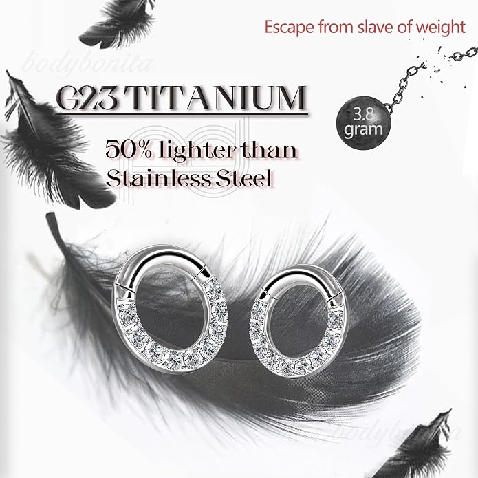 BodyBonita G23 Titanium 0G 2G 4G 6G 8G 10G 12G 14G CZ Septum Rings PA Nose Hoops Clicker Ear Weights for Stretched Ear Piercing Jewelry 10mm 12mm Silver/Gold/Black