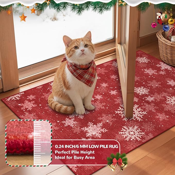 2x5 Christmas Runner Rug for Kitchen, Snowflake Rugs for Bathroom, Washable Hallway Runner with Non-Slip Backing, Soft Red and White Christmas Decor Indoor(2'x5', Red/White)