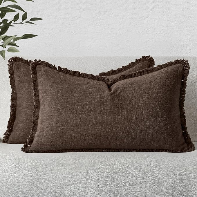 MIULEE Decorative Lumbar Throw Pillow Covers Neutral Linen Fringe Throw Pillows Set of 2 Reddish Brown Boho Farmhouse Cushion Covers for Couch Sofa Bed Living Room Fall Home Decor 12x20 Inch
