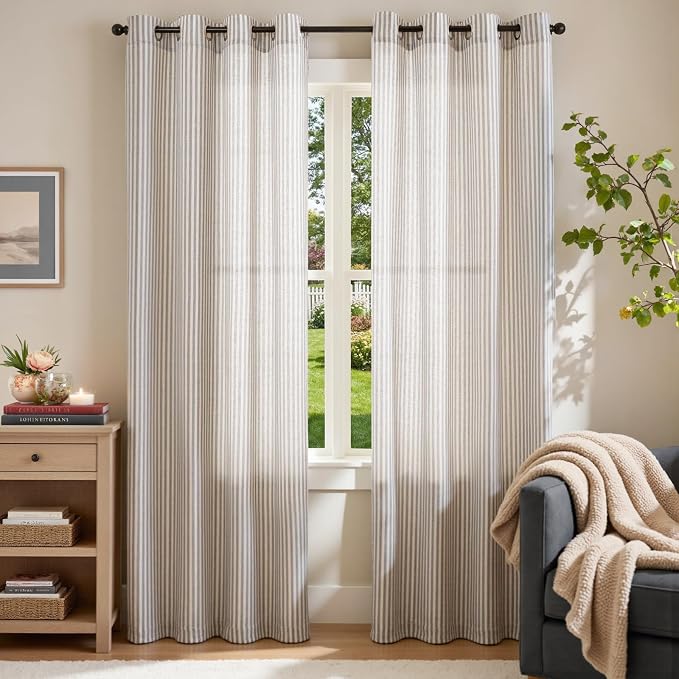 jinchan Linen Curtains 84 Inch Taupe Grey Stripe on Beige Grommet 2 Panels | Curtains for Living Room Bedroom,Ticking Stripe Pattern,Farmhouse Cottage Core Rustic, Window Treatment,Light Filtering