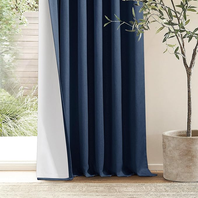 Navy Blue Pinch Pleat 100% Blackout Linen Curtains 2 Layers 45 Inch Long | Memory Trained, Thermal Insulated, UV Blocking, Noise Reducing, Room Darkening, Black Out Short Curtains for Kitchen 2 Panels