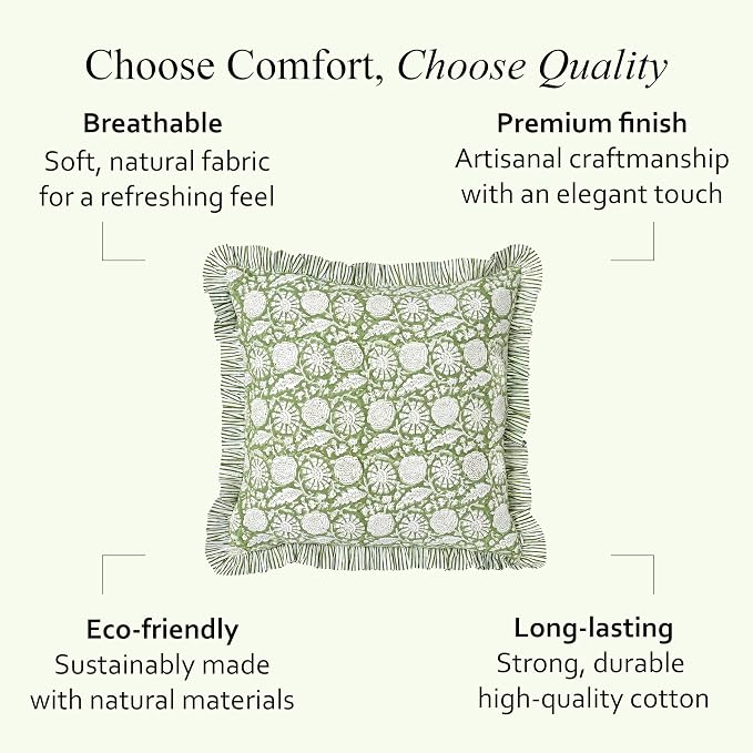 CPC Olive Bloom Hand Block Print 100% Cotton Ruffle Throw Pillow Cover 20x20 inch with Hidden Zipper Decorative for Couch, Bed, Sofa, Farmhouse, Cottagecore Decor Gift Christmas Fall Thanksgiving