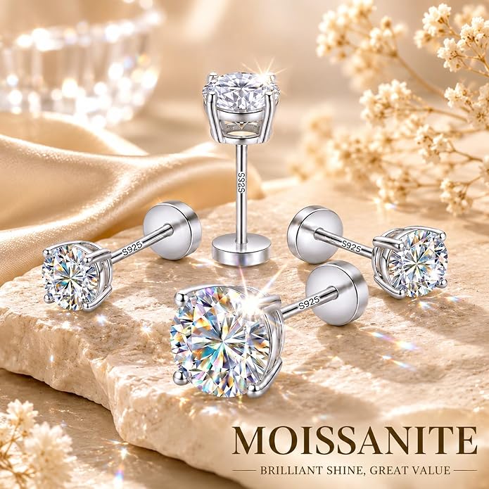 3 Pairs Moissanite Earrings, Flat Back Stud Earrings for Women Men, D Color VVS1 Hypoallergenic 925 Sterling Silver Post, Cartilage Helix Piercing Jewelry Set