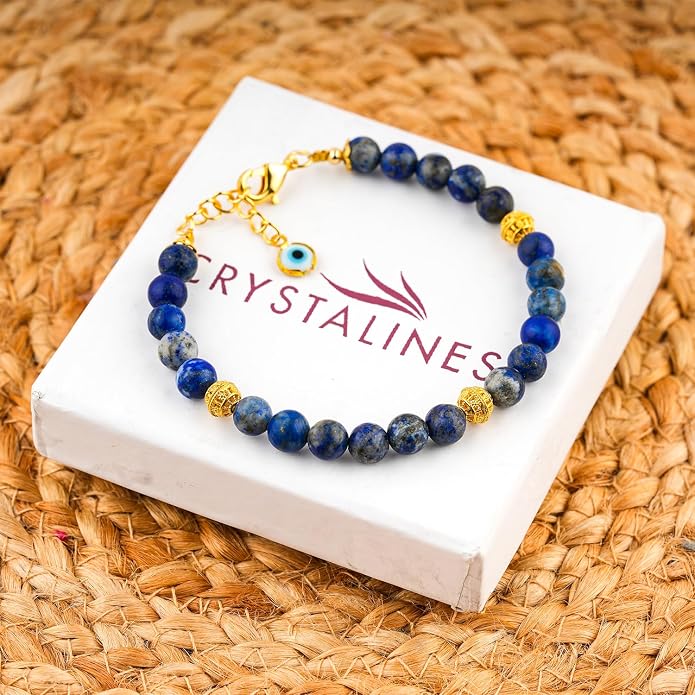 AAA Grade Natural Gemstone Beaded Bracelet, 14K Gold Plated with Evil Charm, Wicca & Reiki Healing Crystals, Handmade Bohemian Jewelry, Christmas Gift for Women (7+1inch)