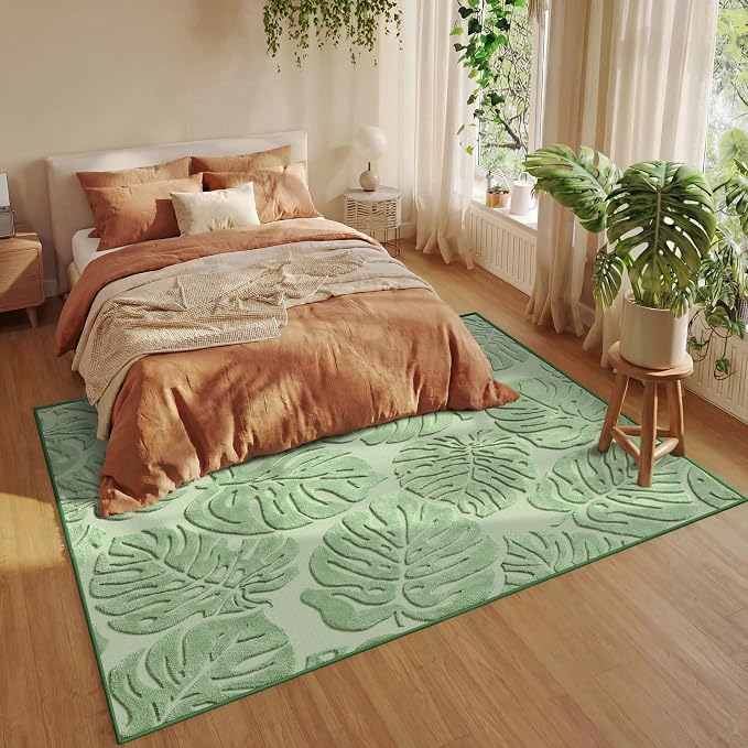 Sage Green Monstera Area Rug 8x10, High-Low Plush Pile Washable Rugs for Living Room Bedroom, Tropical Non Slip Nursery Carpet Soft Indoor Shag Rugs for Dining Room