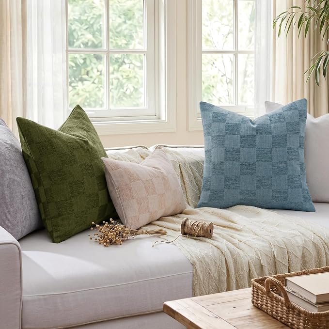 a moment Set of 2 Decorative Linen Throw Pillow Covers,Large Grid Textured Neutral Boho Farmhouse Cushion Covers,Soft Aesthetic Pillowcases for Couch Sofa Living Room Home Decor,24x24 Inch,Blue